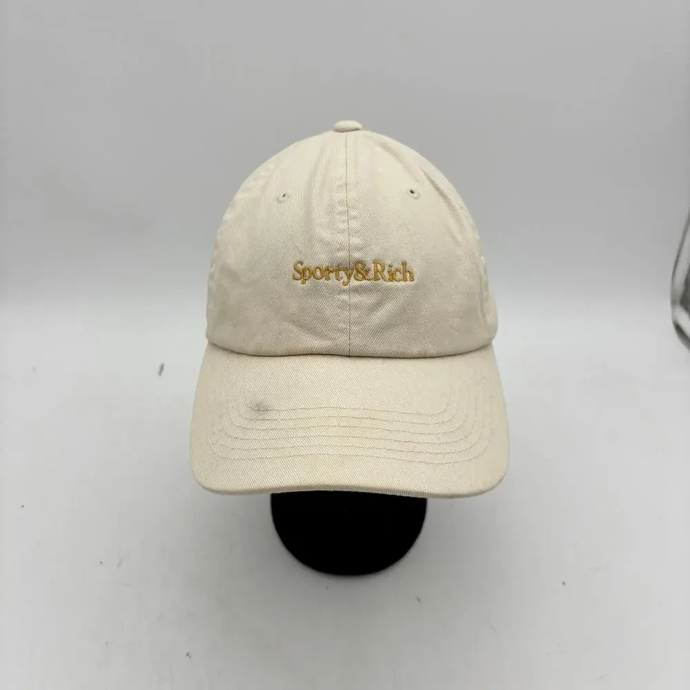 Sporty & Rich Logo Dad Hat Cream Cotton Adjustable Strapback Baseball Cap